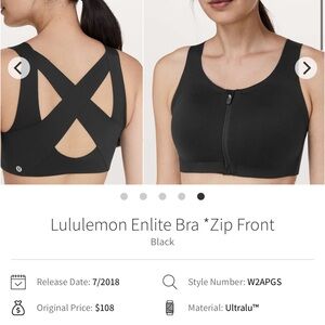 Lululemon Athletica Black Enlite Bra Zip Front